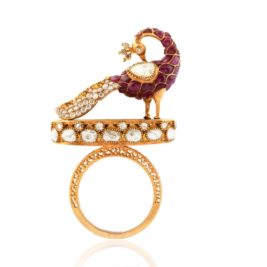 Ruby & Diamond Peacock Gold Ring