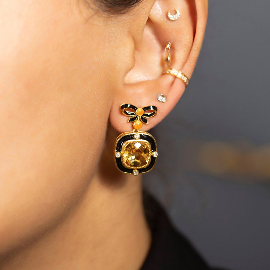 Art Deco Bow Enamel Citrine & Diamond Earrings
