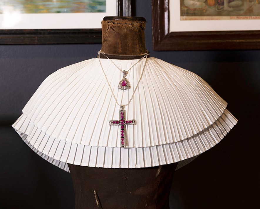 Ruby & Diamond Pendant Necklace with Grid & Flower Detailing