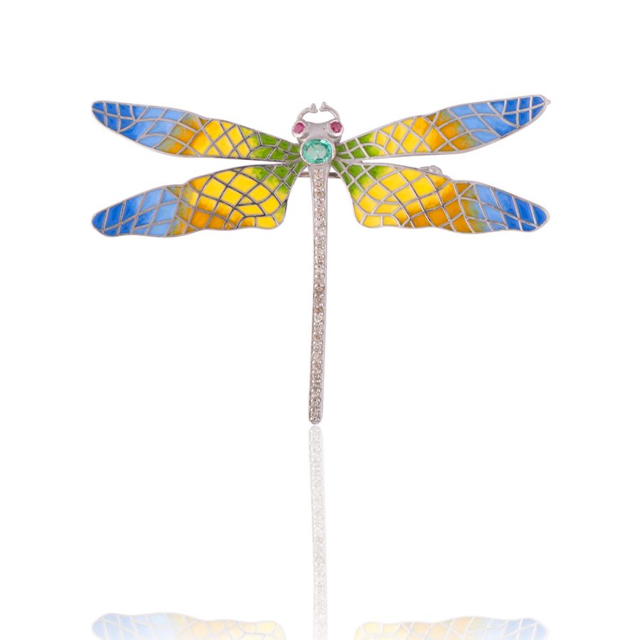Enamel Butterfly Brooch with Diamond, Emerald & Ruby